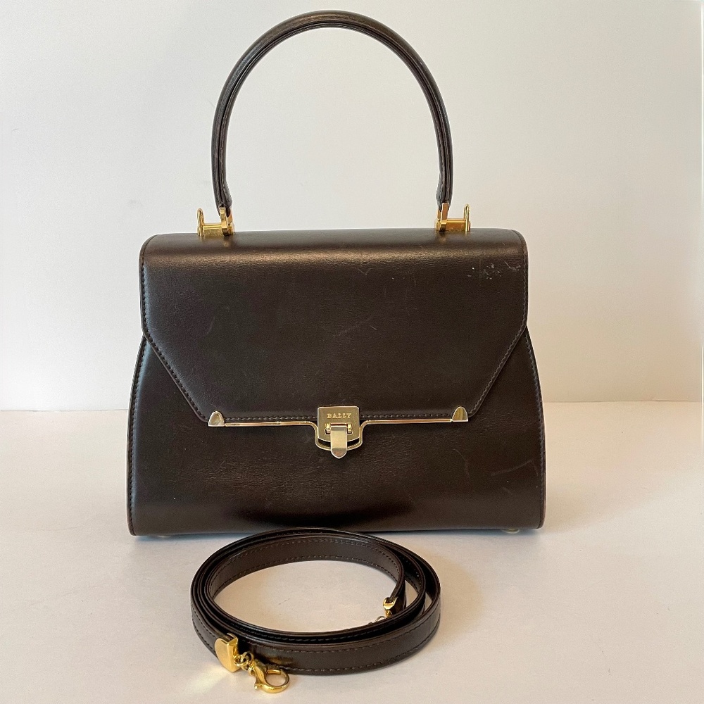 Bally Vintage Dark Brown Leather Top Handle Bag with Strap